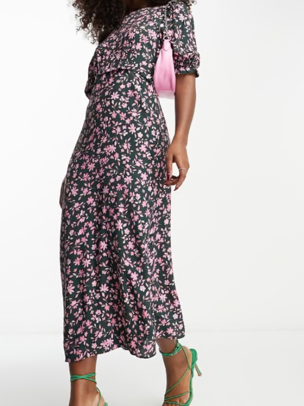 Floral Pink & Black Midi Dress